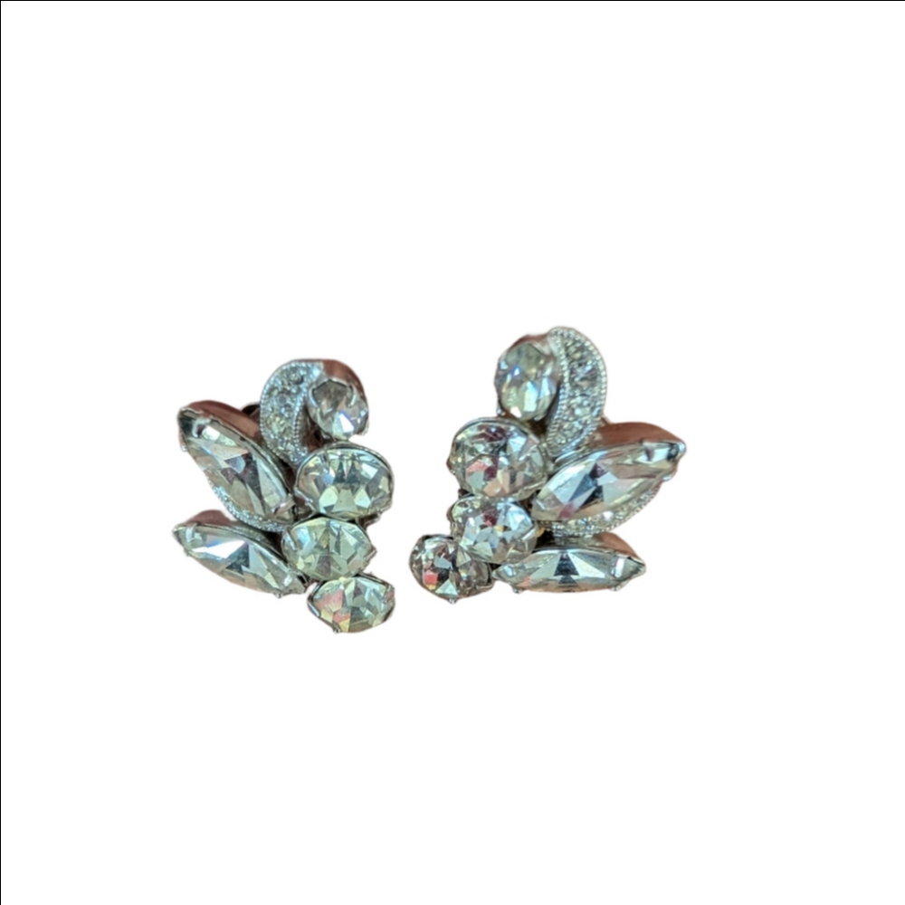 Vintage Earrings By Eisenberg Cluster Clip-On Earrings - Silver Rhinestone Clear